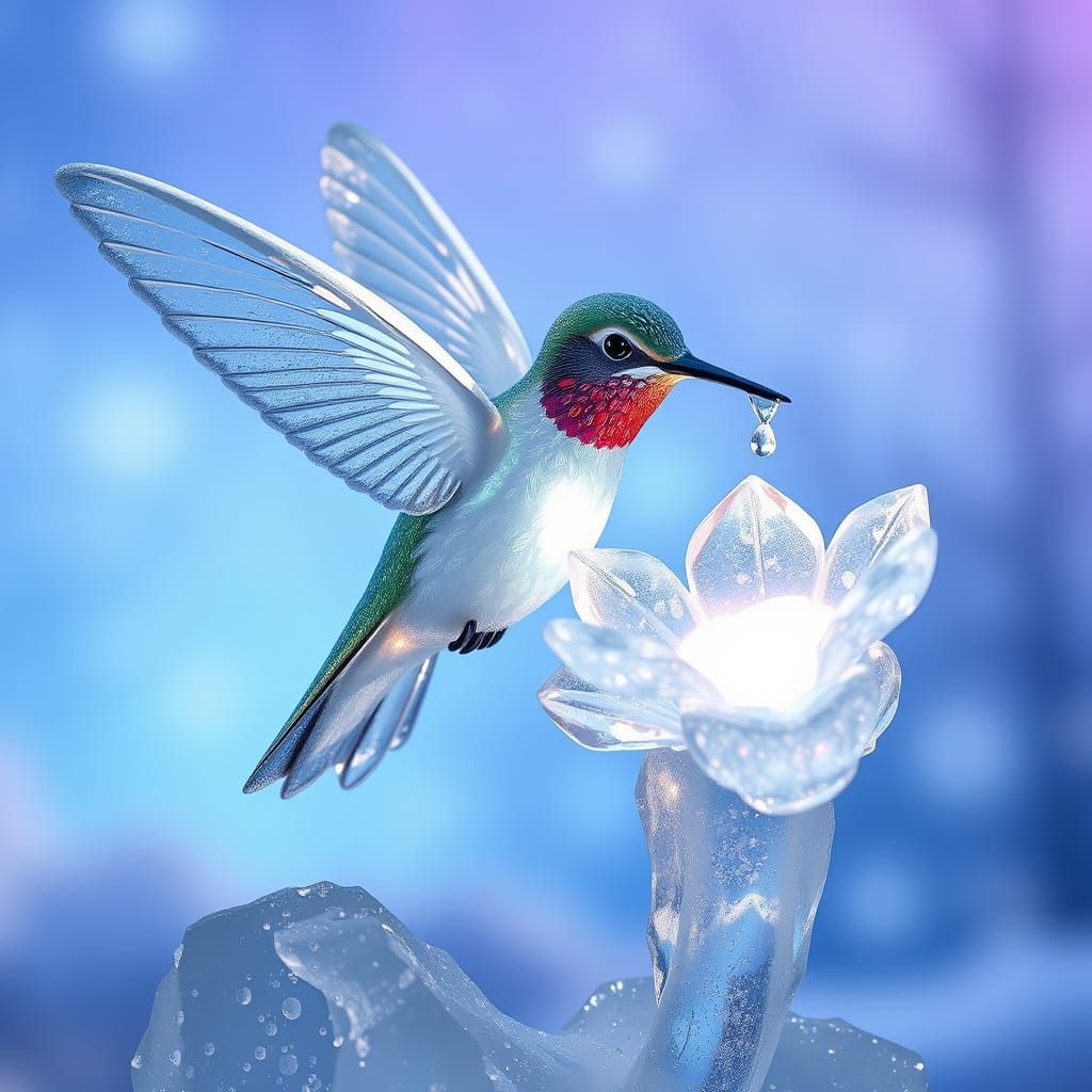 Whimsical Crystal Ice Sculpture of Hummingbird in Flight