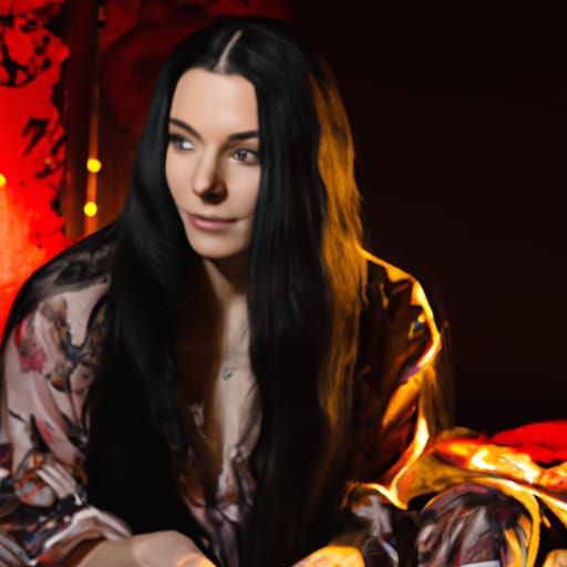 Young Woman in Nightgown Bathed in Red Light