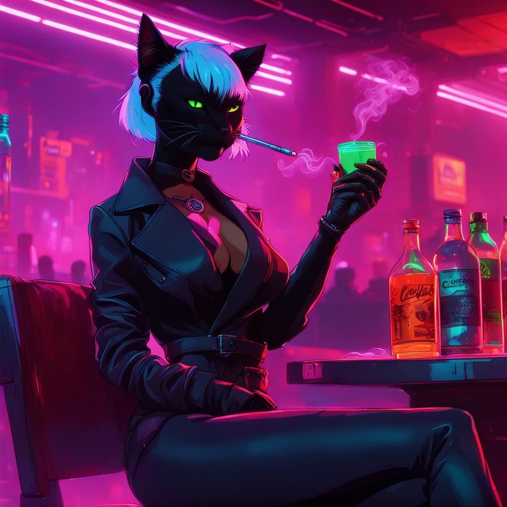 Cyberpunk Cat: Nightclub Scene in Neon Style