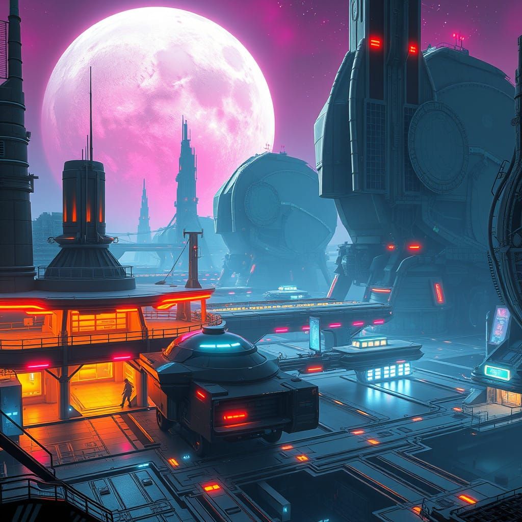 Lunar Port 'Lambda' in Futuristic, Cyberpunk Style