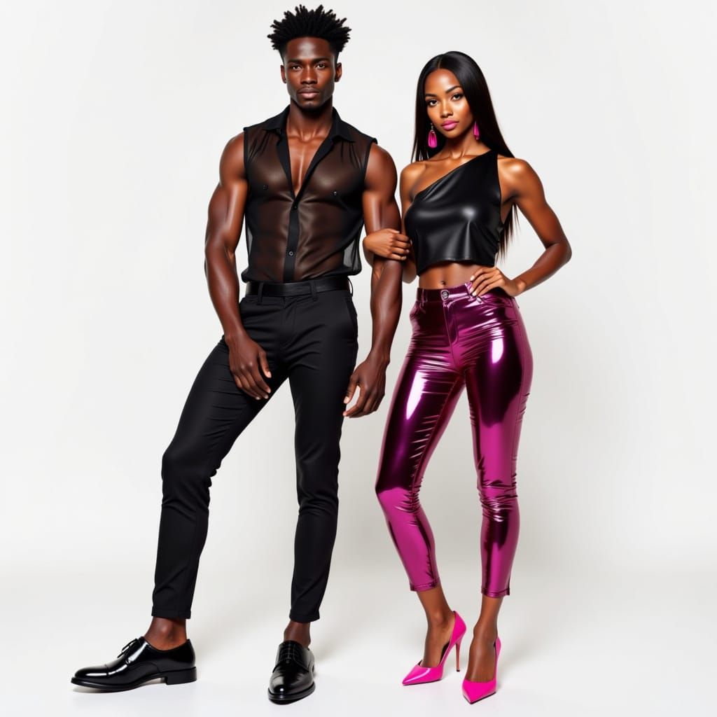 A tall African American male fashion model with an athletic build and light brown eyes poses confidently on a white back...