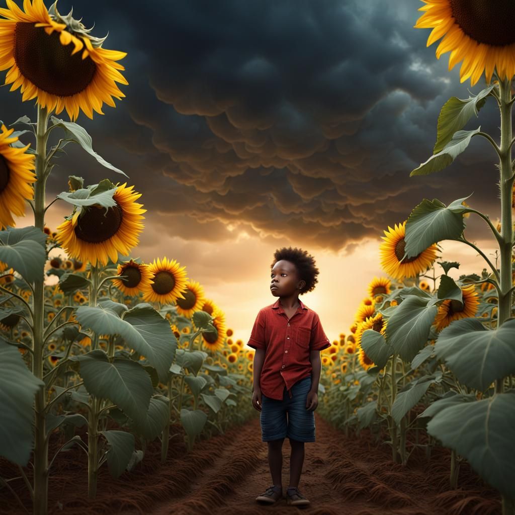 LOST IN AN ENDLESS SEA OF SUNFLOWERS AS A STORM BREWS