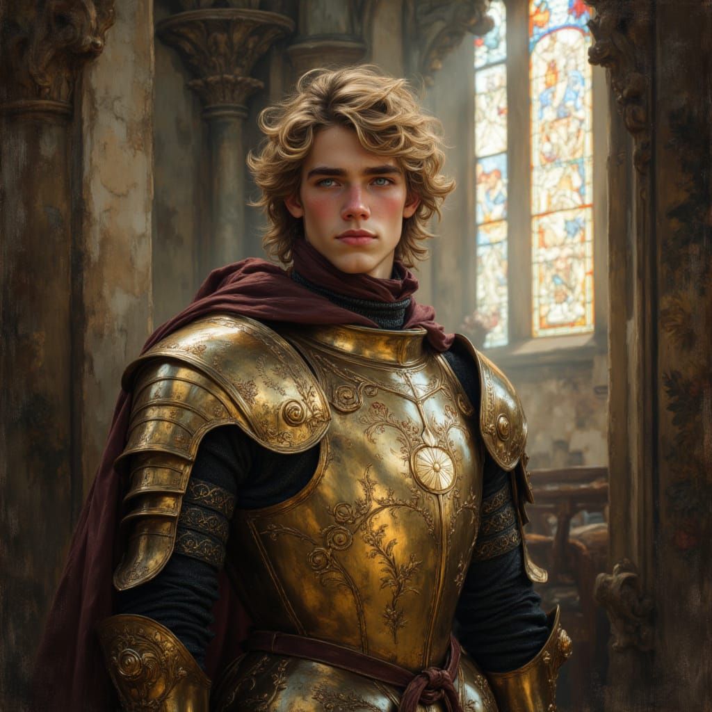 Man in Gold Armour in Gothic Cathedral