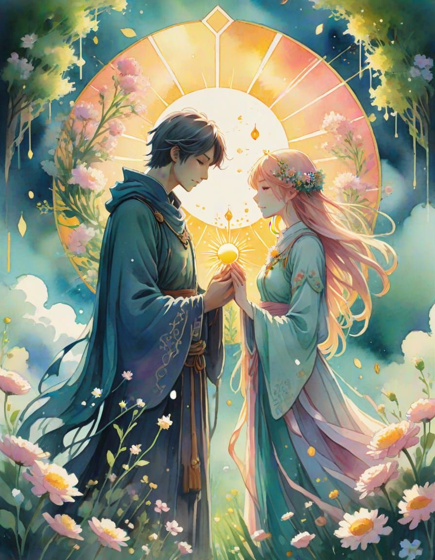 Anime Tarot Card: The Lovers in Watercolor
