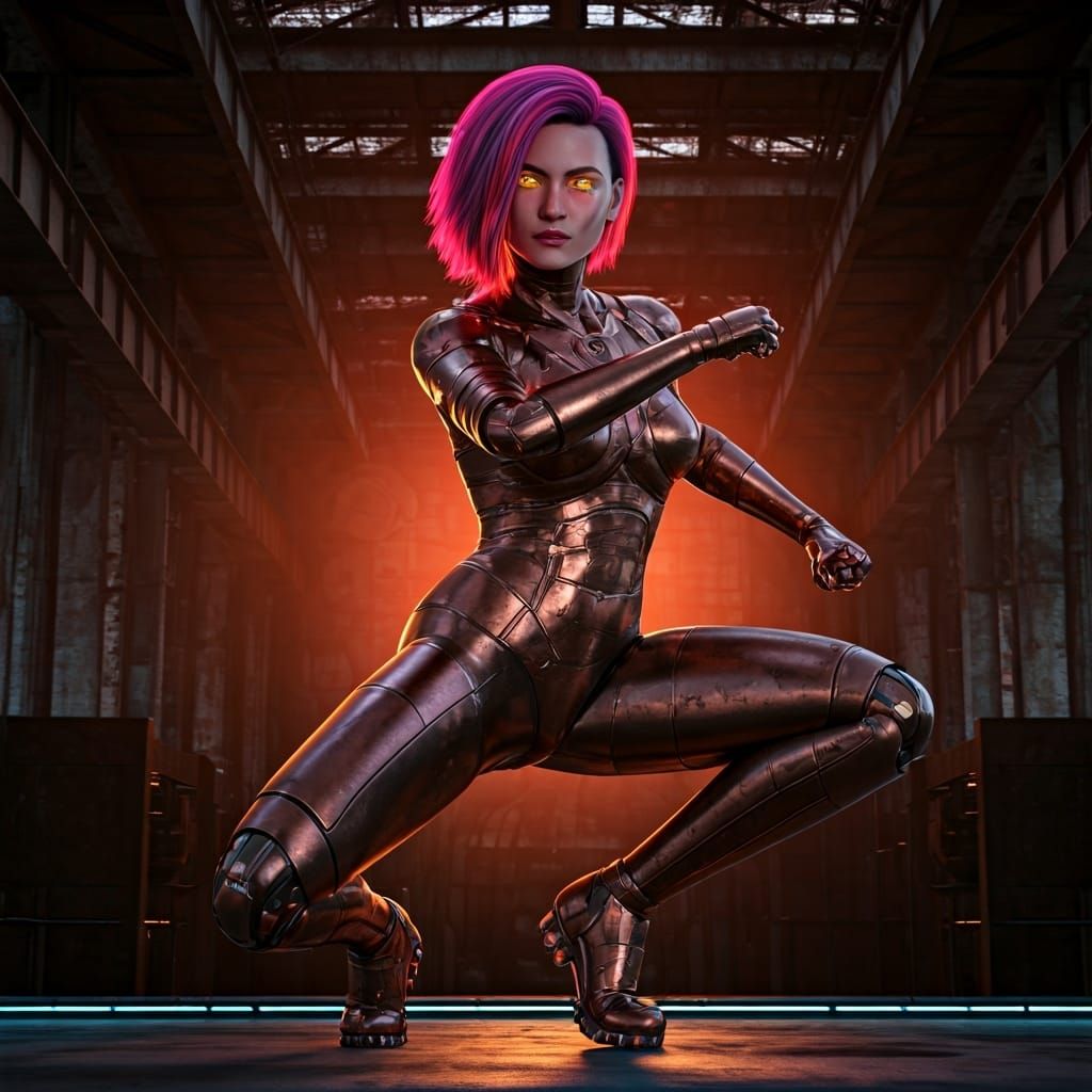 Cyberpunk Cyborg in Retro Factory: Digital Art