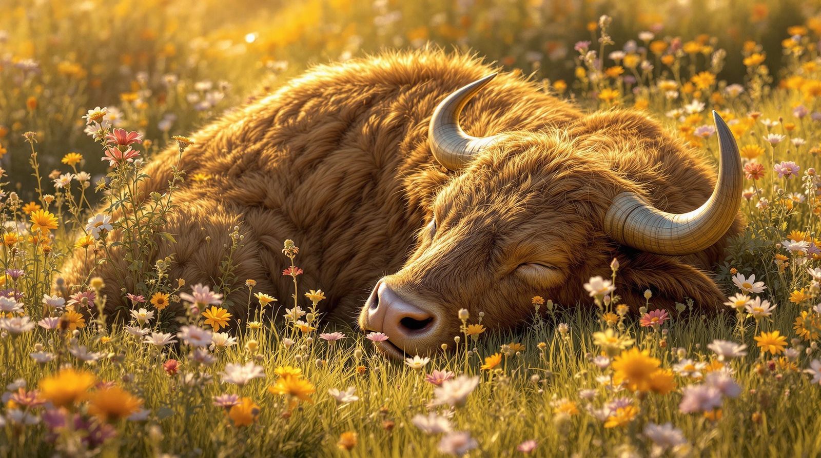 Rugged Bull at Rest in a Sunny Meadow