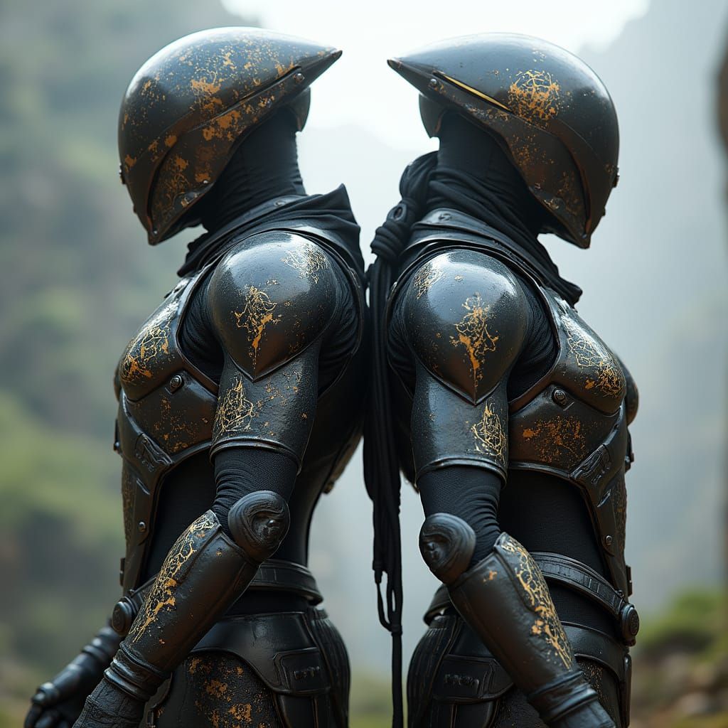 Futuristic Armored Figures in Sci-Fi Landscape