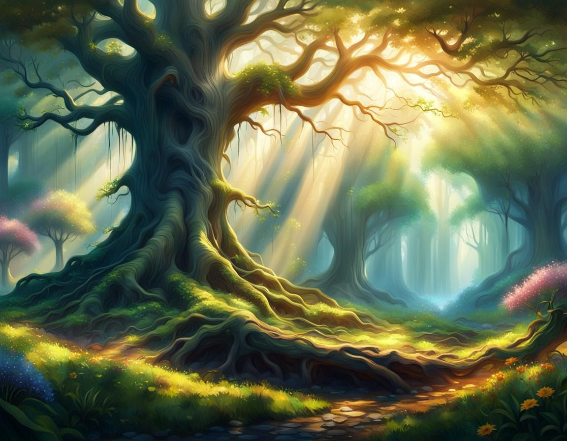 Enormous Tree in Golden Sunlight: Digital Matte Painting