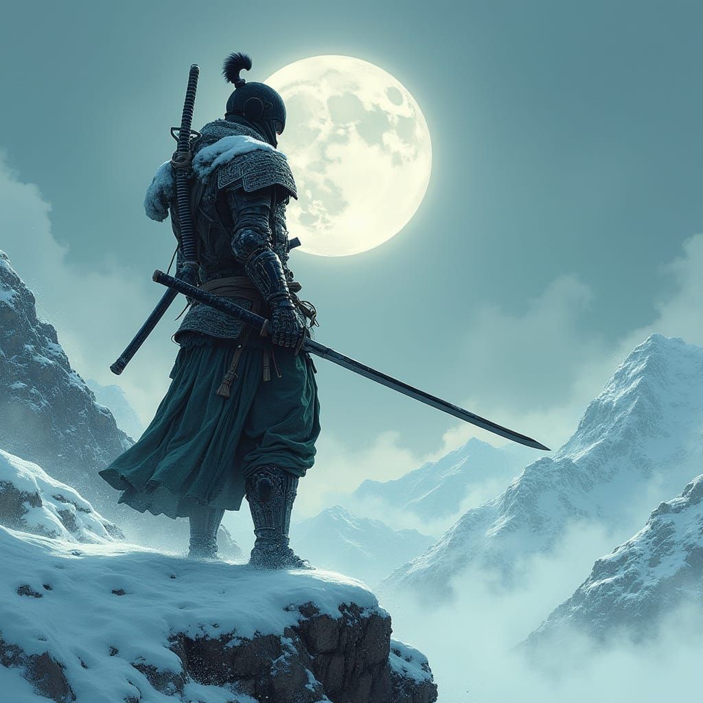 Cyborg Samurai on Snowy Mountain in Graphic Novel Style