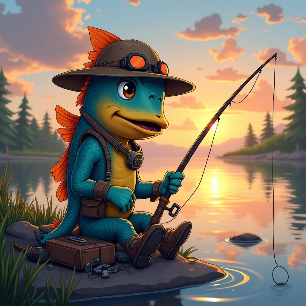 Fishstick the Fisherman in a Colorful Sunset Scene
