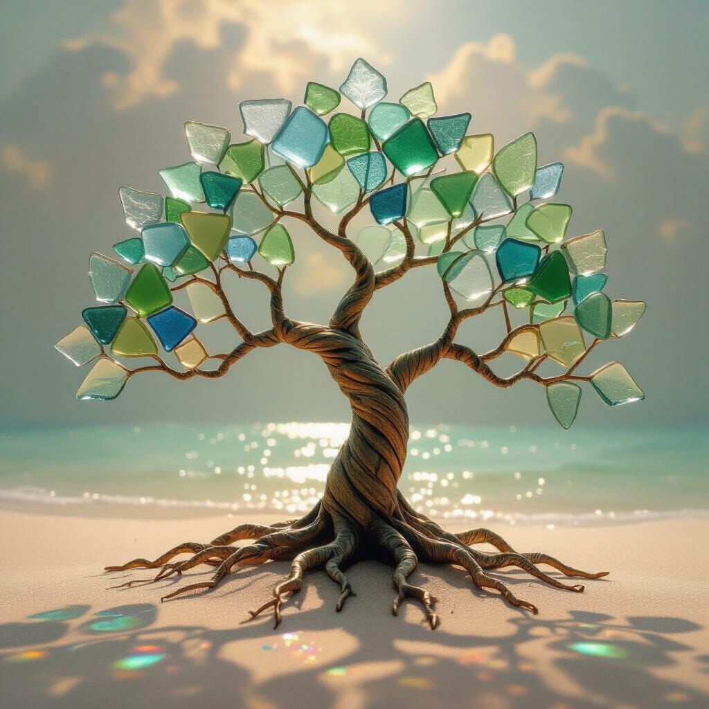 Ancient Sea Glass Tree in Surreal Art Nouveau Style