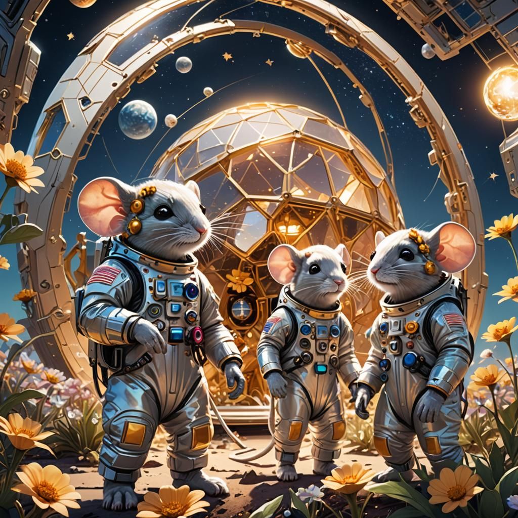 Mice Gardeners on the Moon in Sci-Fi Style