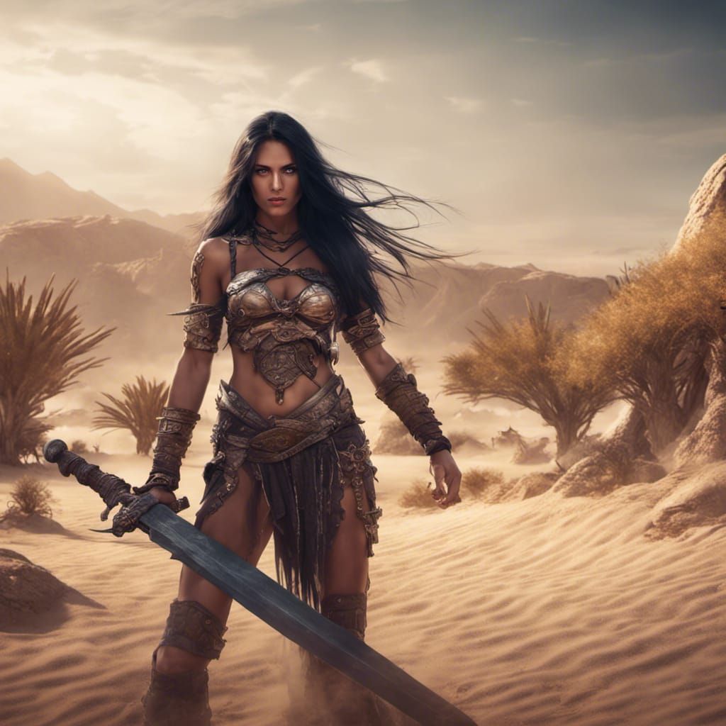 Female Barbarian Warrior in Desert Oasis