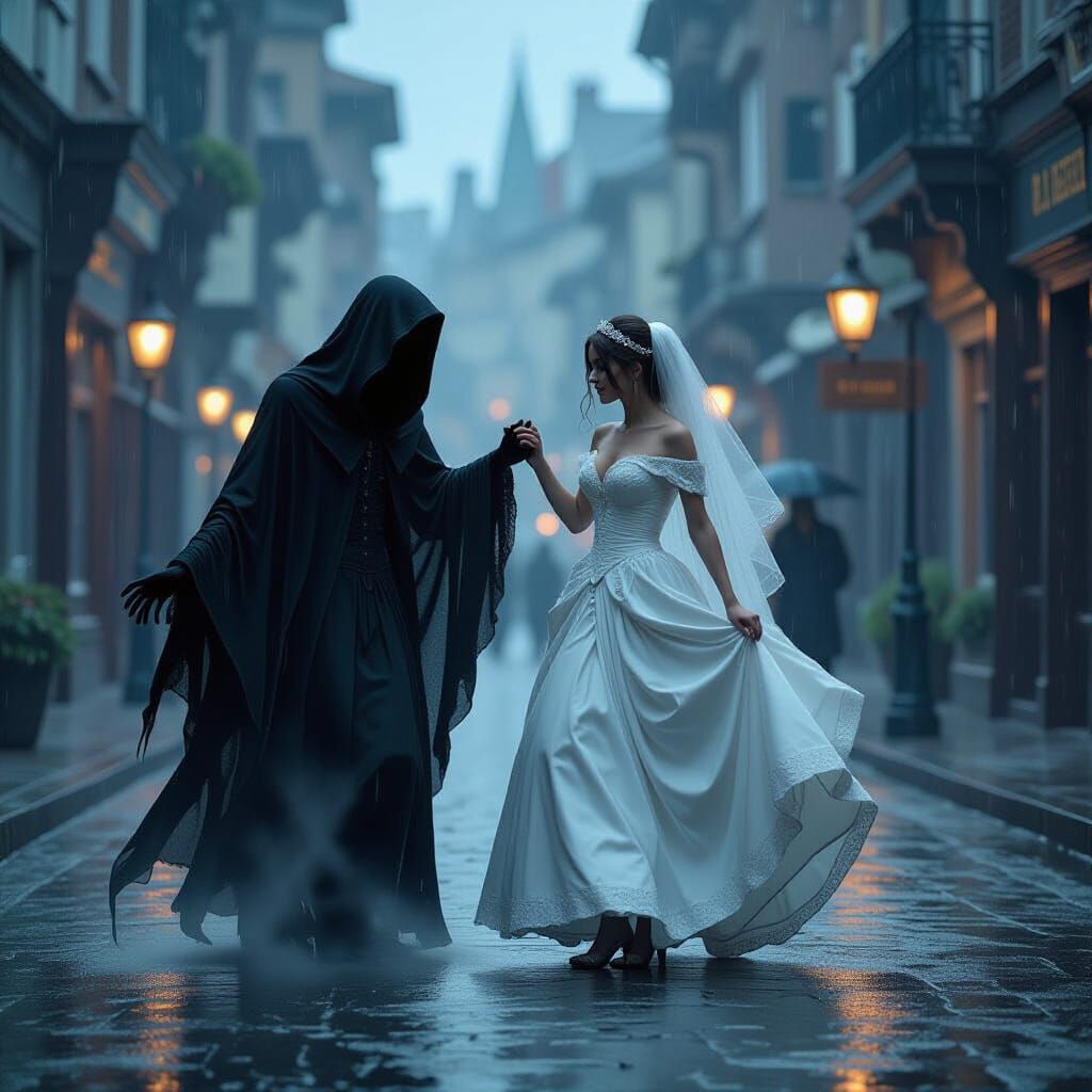 Woman in Wedding Dress Dances with Shadowy Figure