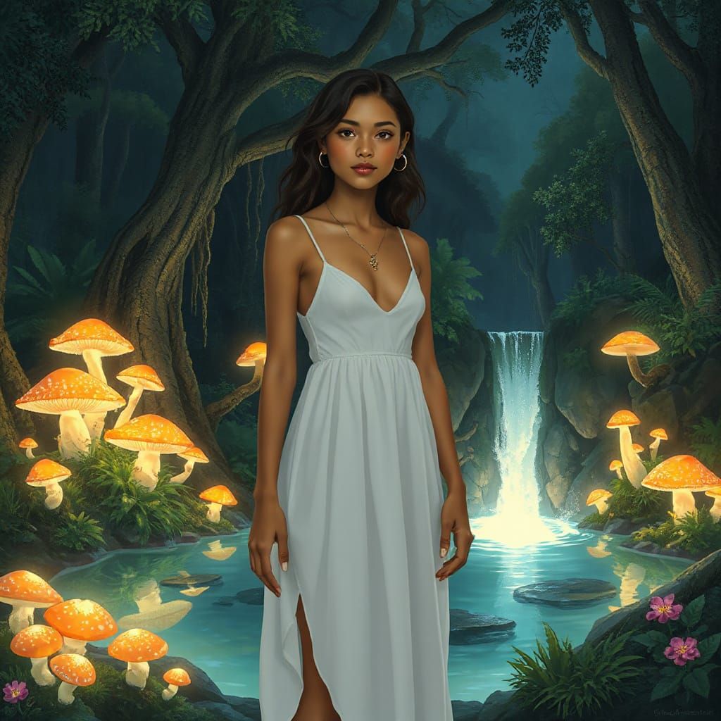 Dominican Woman in Bioluminescent Forest Fantasy Illustratio...