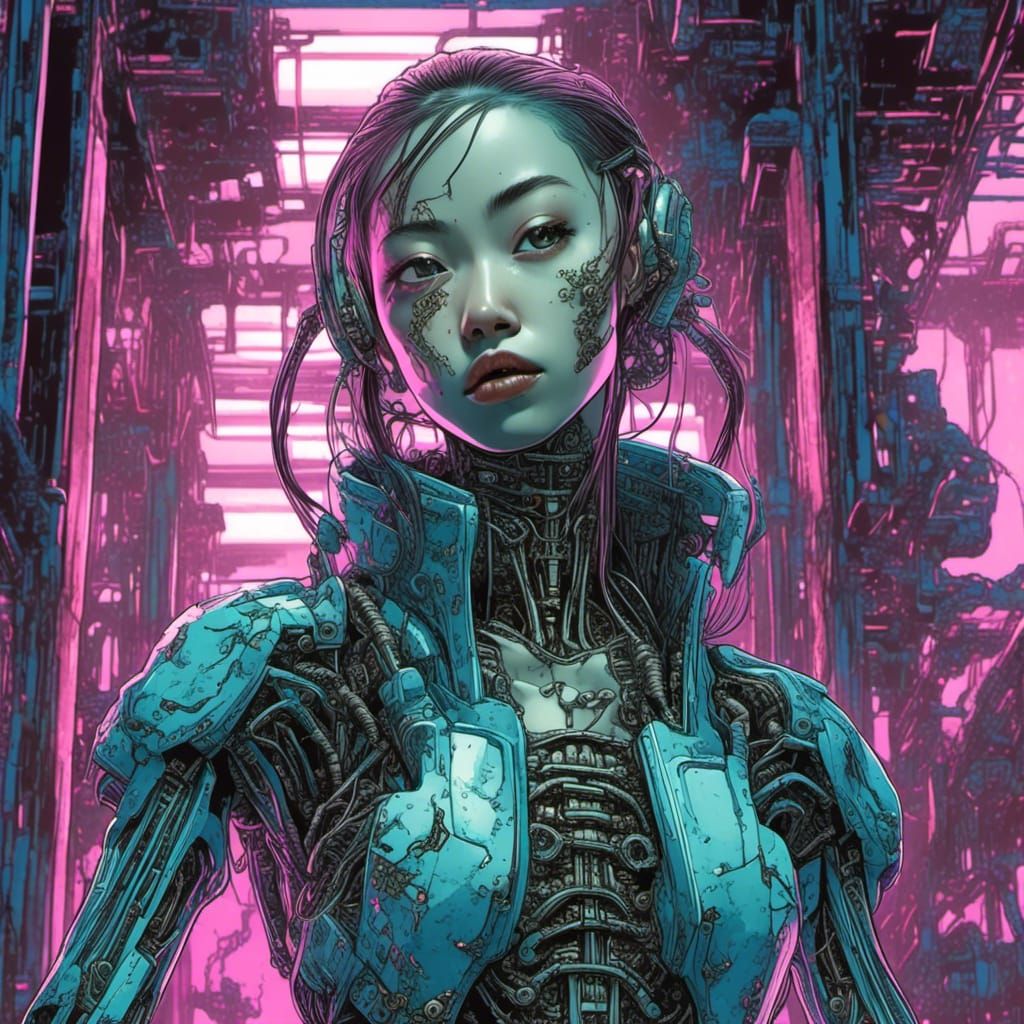 Cyberpunk Girl with Platinum Cybernetics in Ito Style