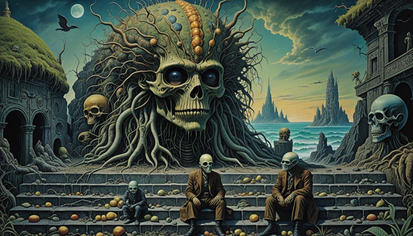 Surreal Dadaist Scene on Granite Steps of the Asylum