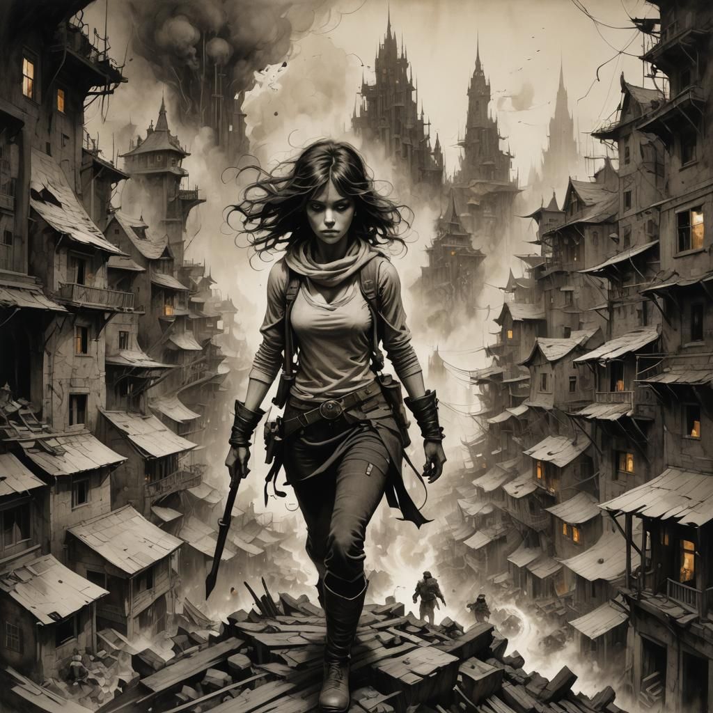 Ethereal Woman Carrying Chaotic Town: Sepia Charcoal Illustr...