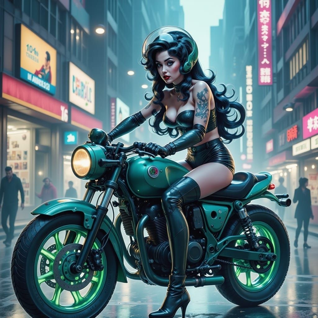 Anime Enforcer on Neon Motorcycle in Ufotable Style