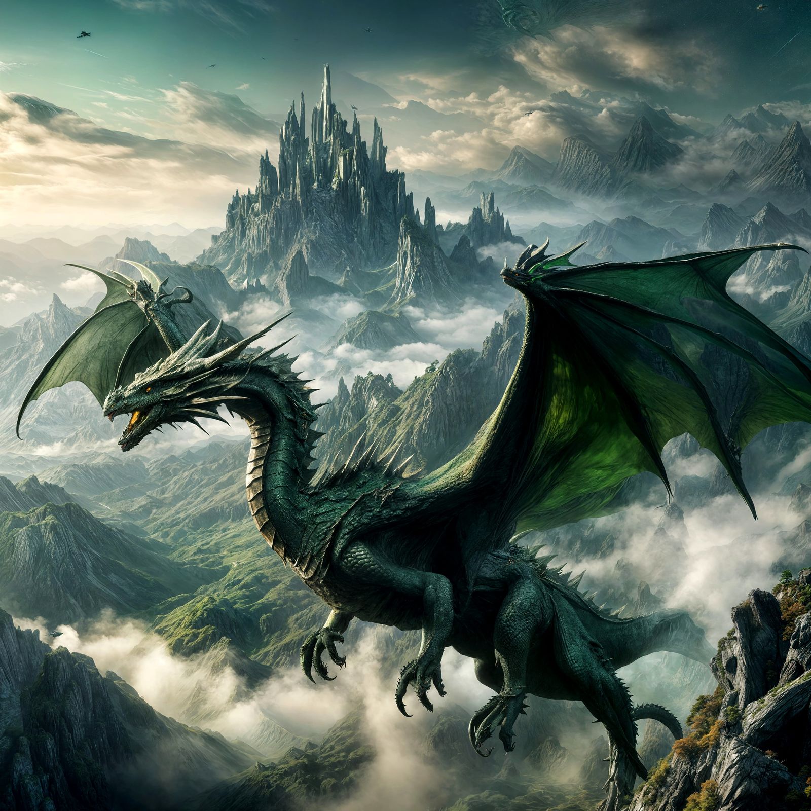 Dark Green Dragon Soaring Over Mountains