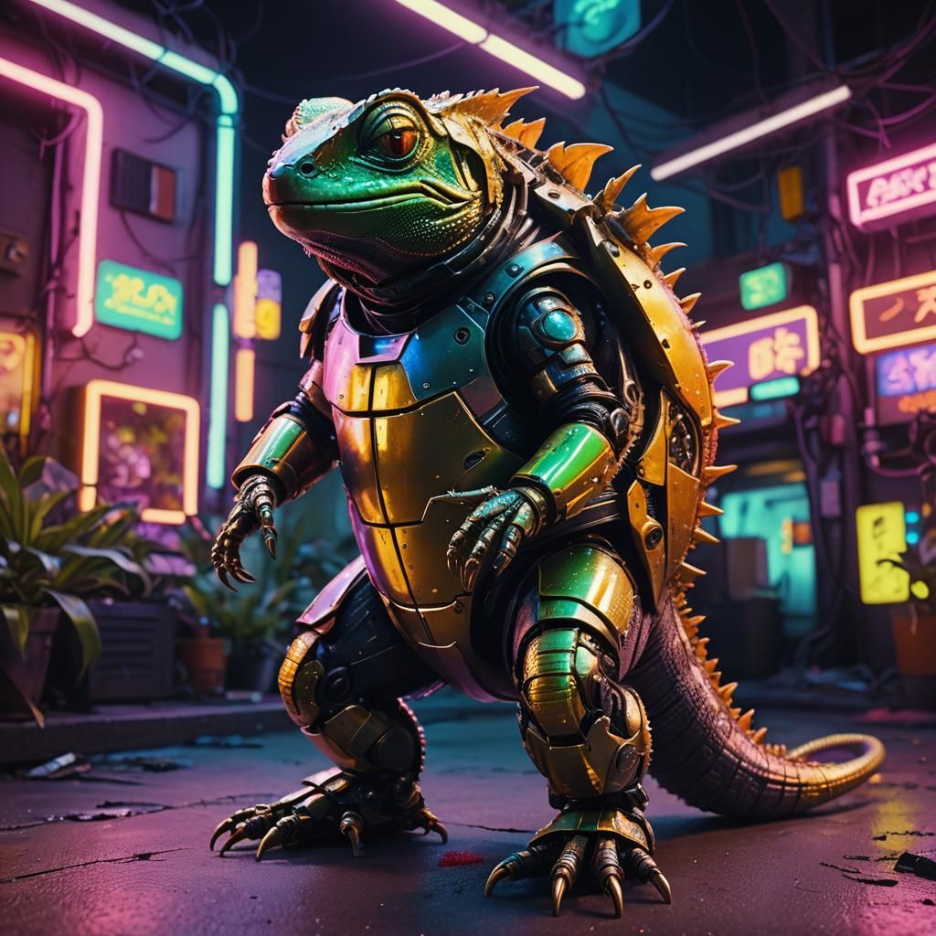 Cyberpunk Lizard: Neon-Lit, High-Tech Film Still