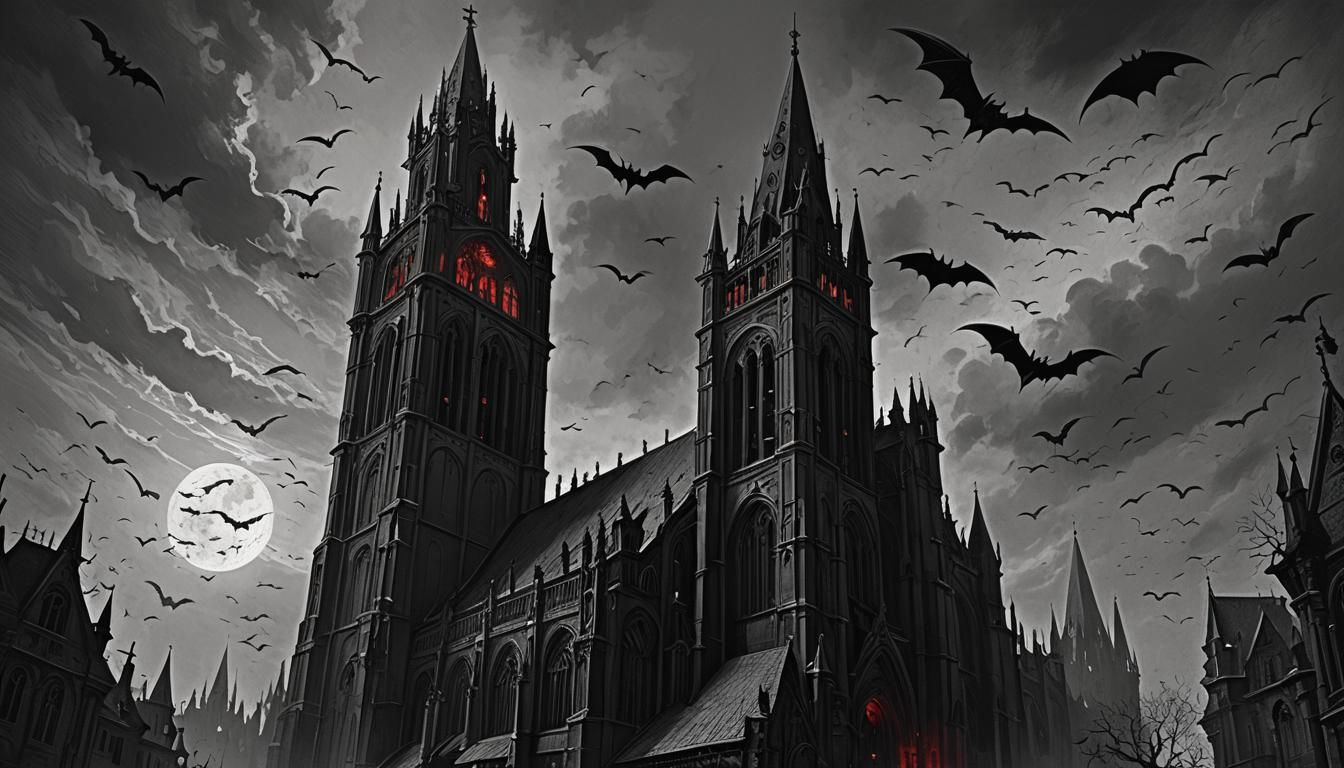 Mysterious Dark Red Belltower in Shadowy Gothic Cathedral