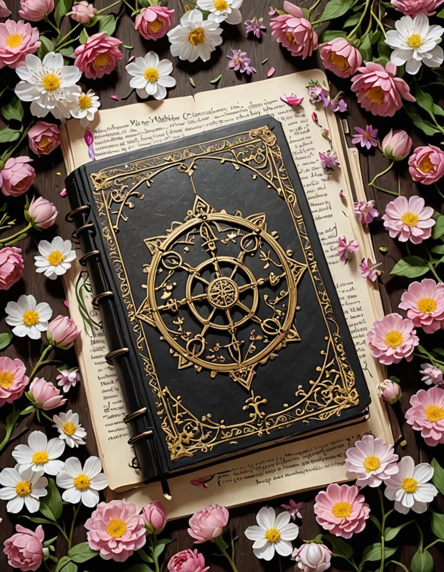Arcane Spellbook Surrounded by Blossoming Flowers