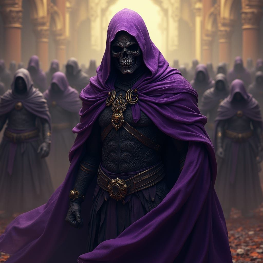 Dark Fantasy Warrior Commands Shadowy Legion in Purple Cloak...