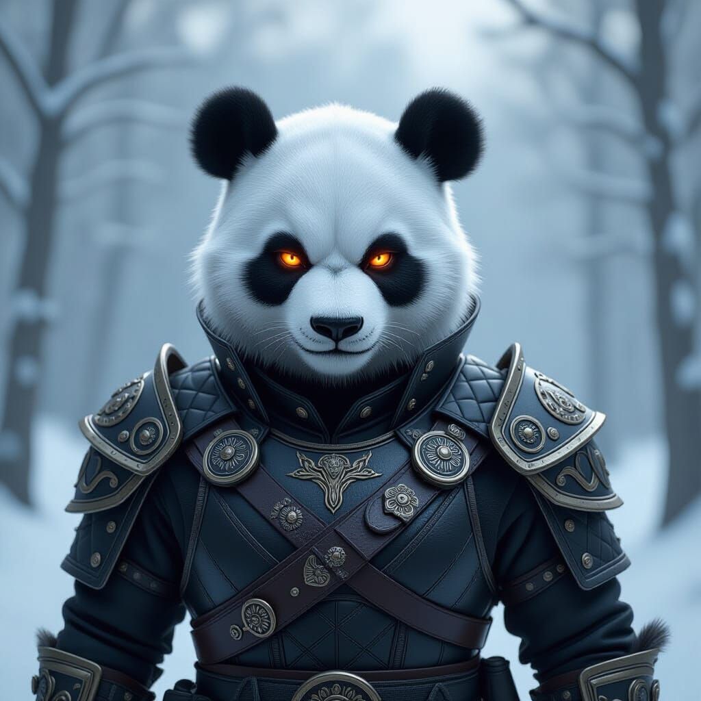 Hyperrealistic Panda Warrior in Misty Winter Forest