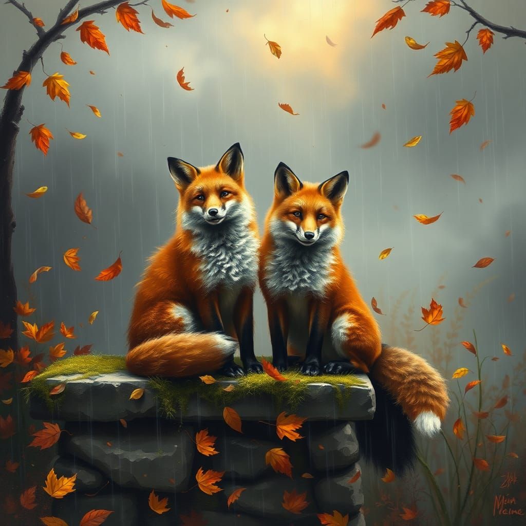 Foxes in Autumn Rain, Old Masters Style