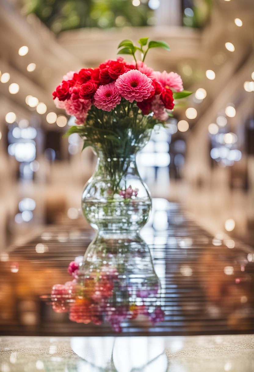 Glass vase with flowers on center table in atrium bokeh and ...