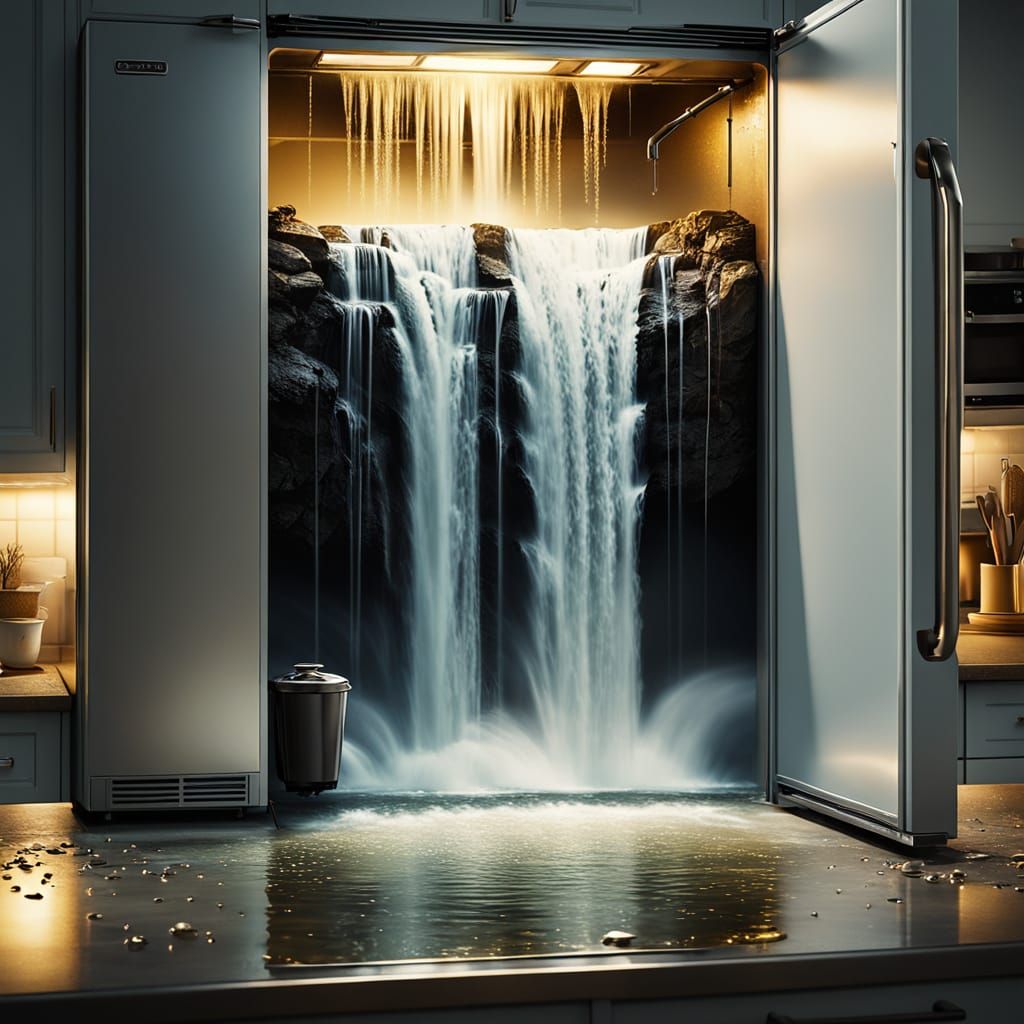 Surreal Refrigerator Waterfall in Kitchen, Dali Style