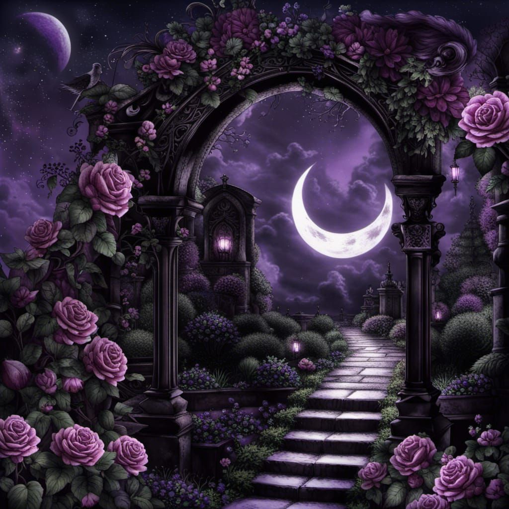 Gothic Garden Under a Starry Night Sky
