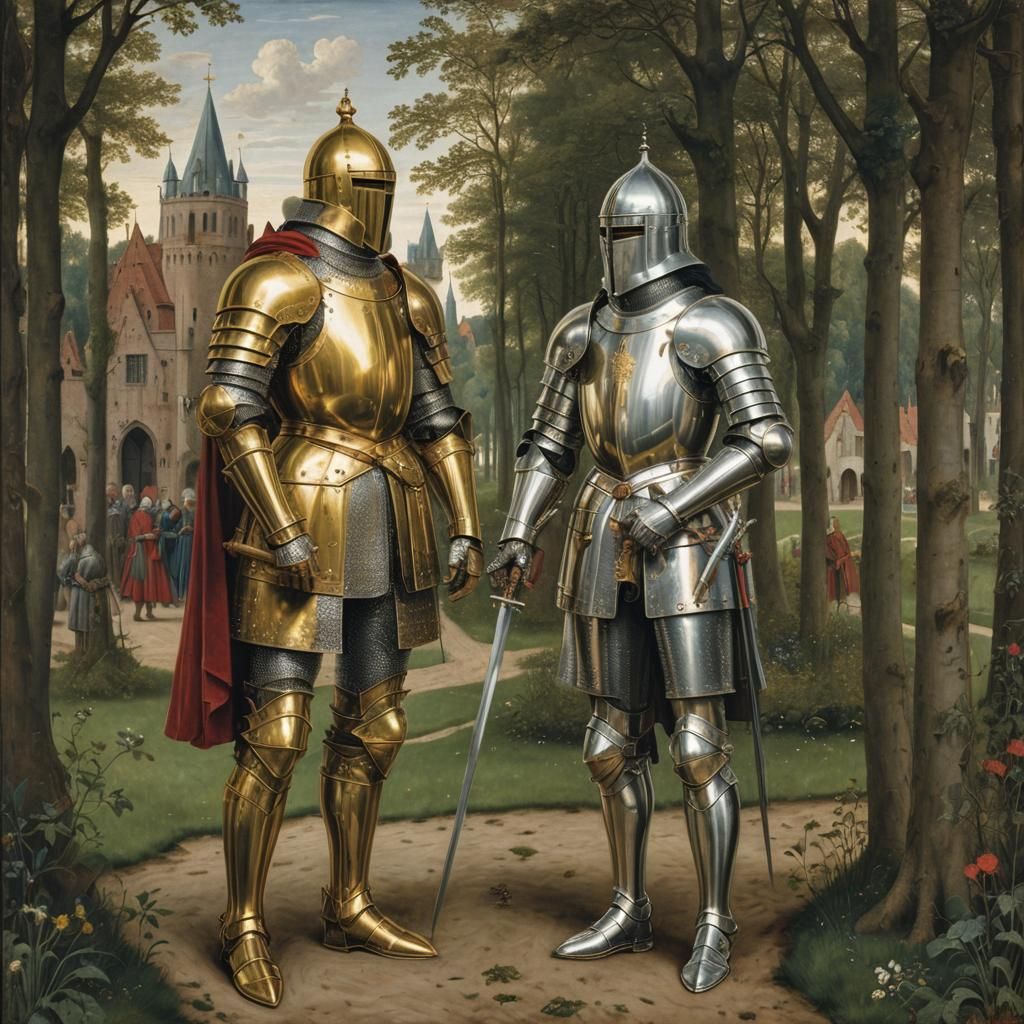 Knights in Gold and Silver Armor, Van Eyck Style
