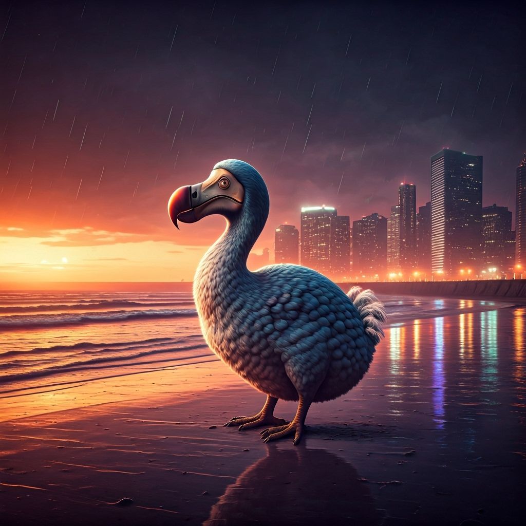 Dodo at Sunset: City Lights in a Cyberpunk Style