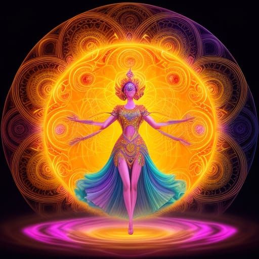 Surreal Saffron Dreamscape with Celestial Goddess