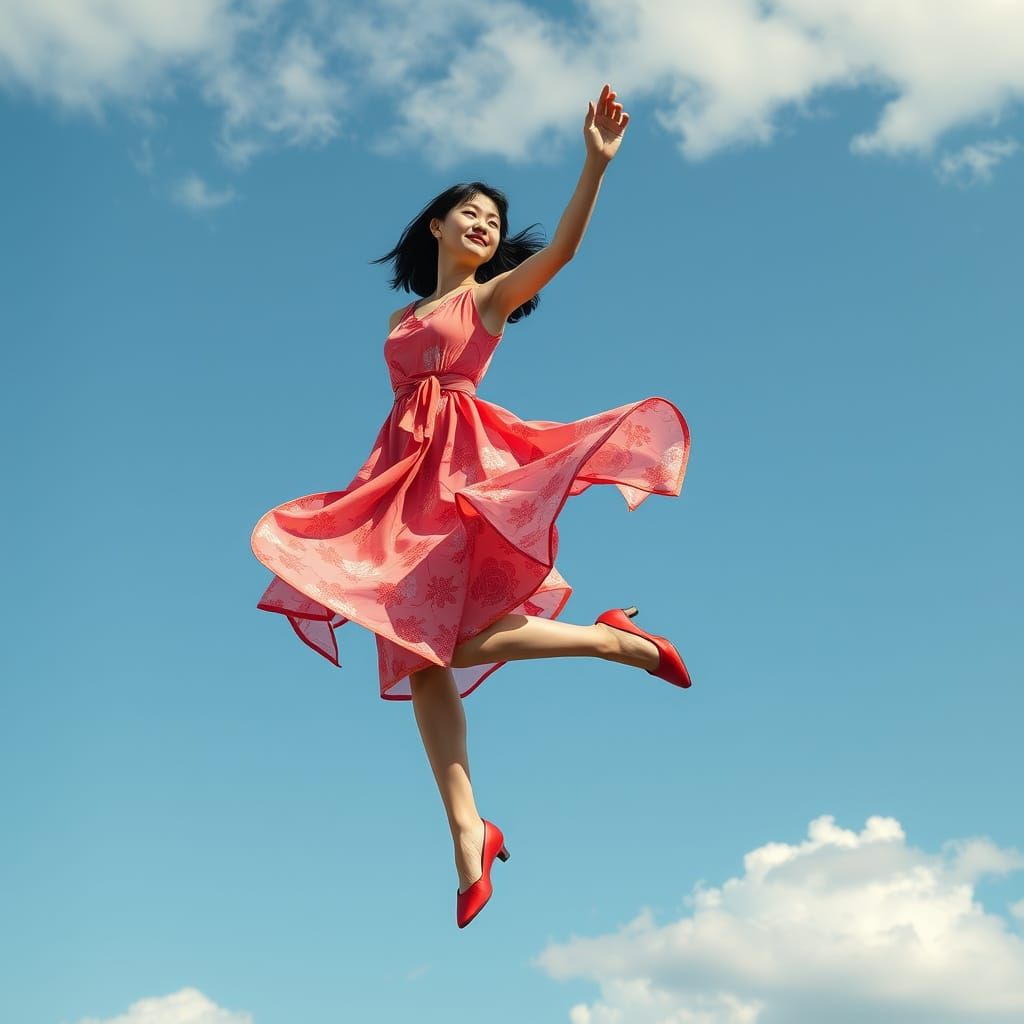 Elegant Japanese Woman Dances in Midair, Red Shoes Shining