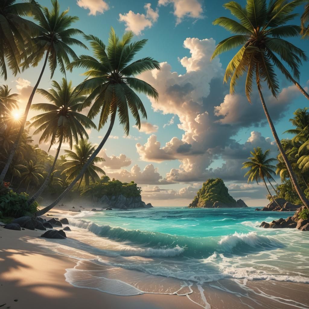 Caribbean Paradise Beach at Sunrise: Detailed Matte Painting