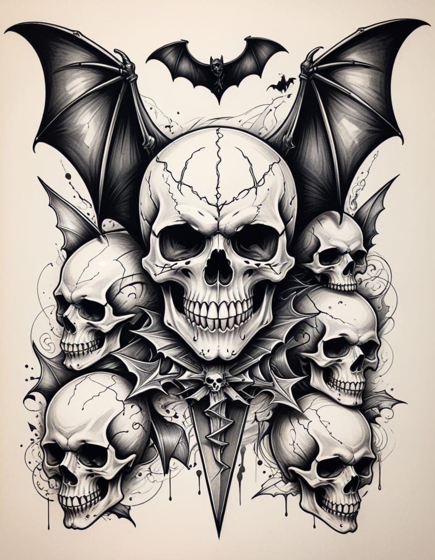 Halloween Tattoo Flash Sheet with Skulls and Bats
