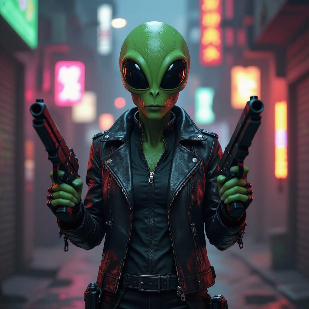 Green Alien in Leather Jacket with Futuristic Pistols