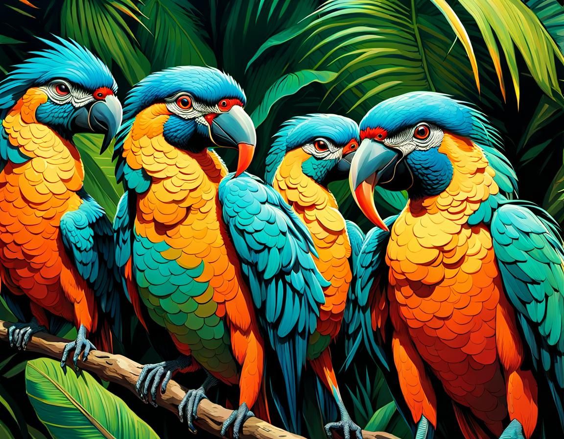 Prehistoric Tropical Birds in Digital Comic Style