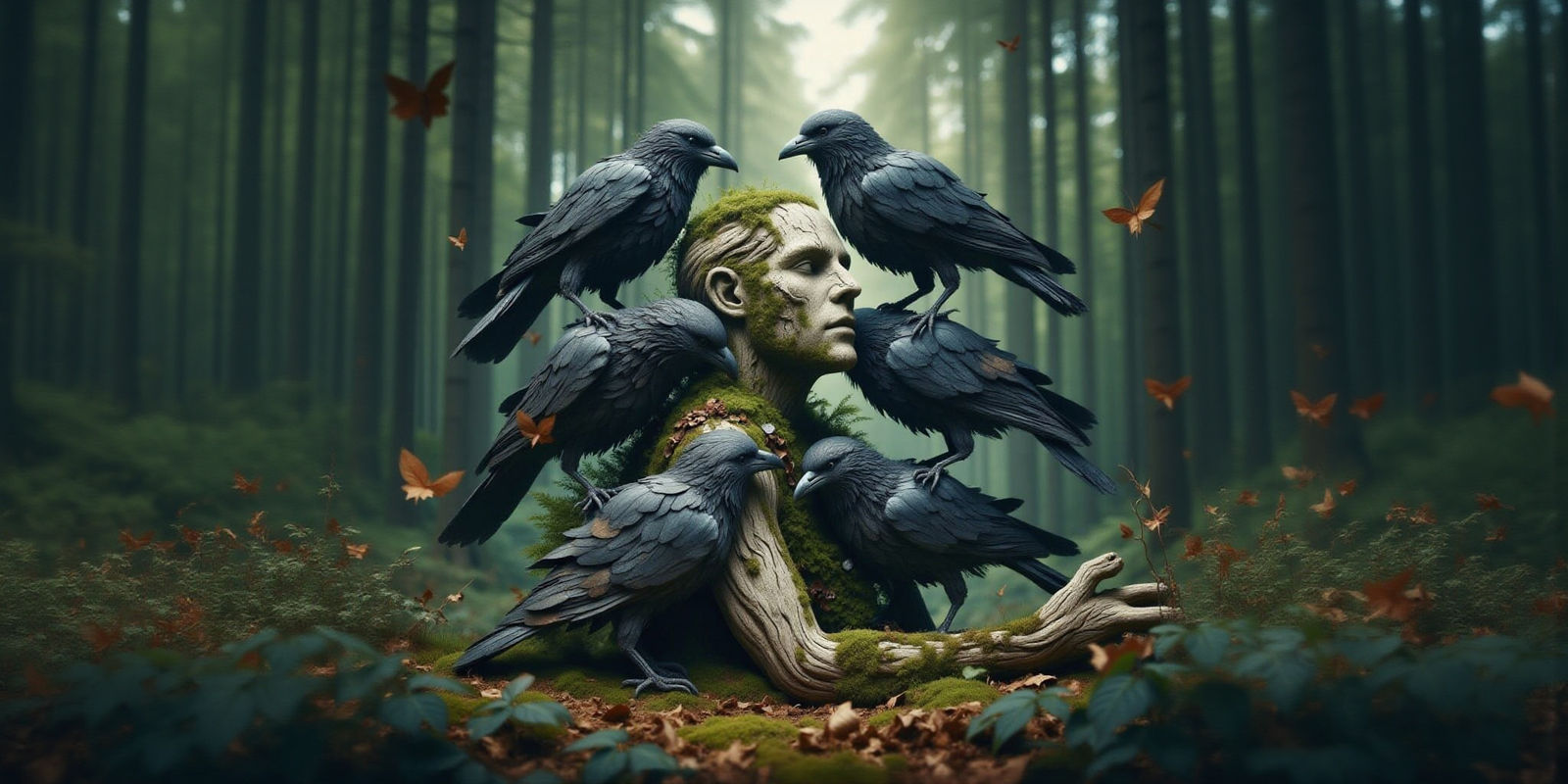 Crows Gathering Among Stone, Moss and Wood