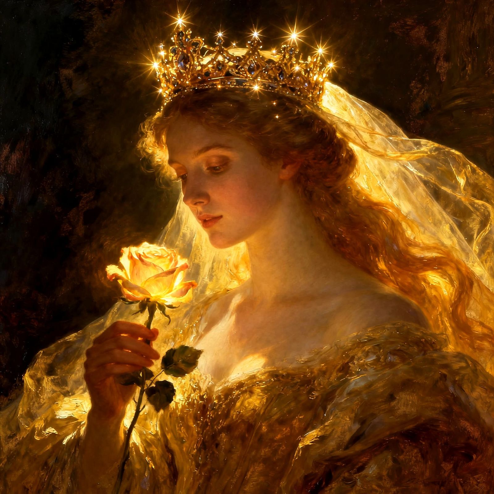 Ethereal Woman with Golden Tiara and Rose