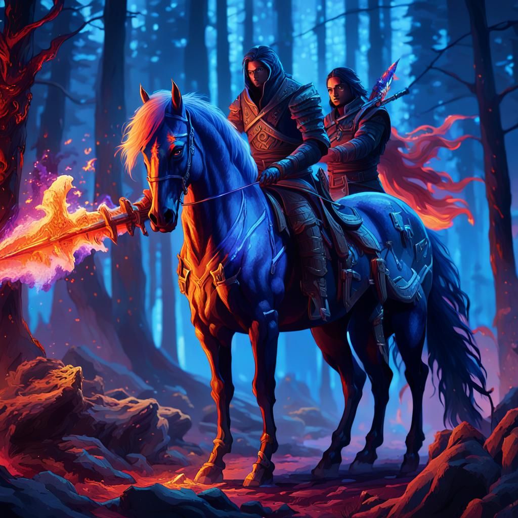 Assassin and Fiery Horse in Mystical Forest