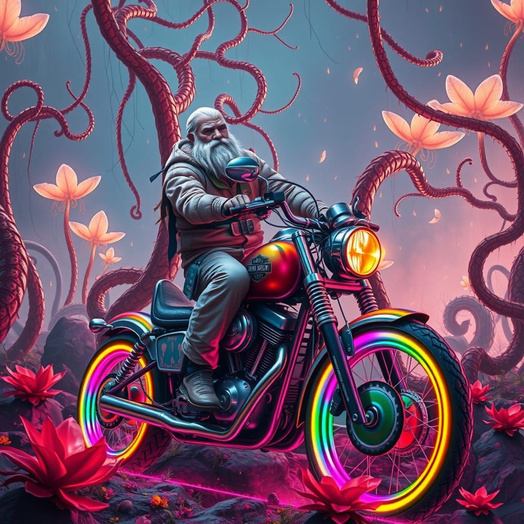 Hobo Rides Rainbow Motorcycle in Dreamlike Forest