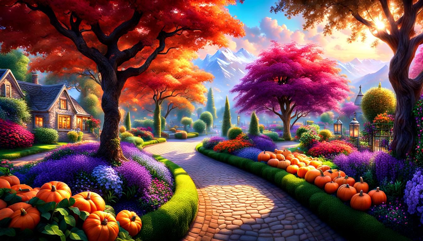 Orange Flower Garden Landscape in Luminist Style