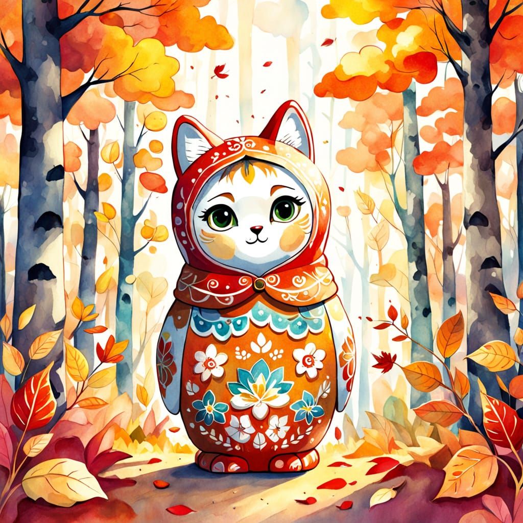 Stylized Autumn Matryoshka Doll Lynx Cub in Whimsical Waterc...