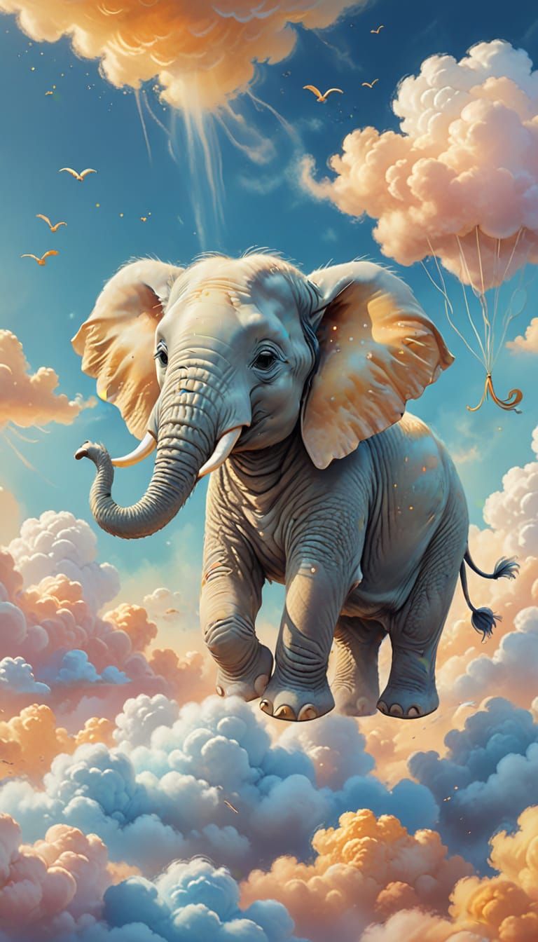 Whimsical Elephant in Pastel Sky, Airbrush Art