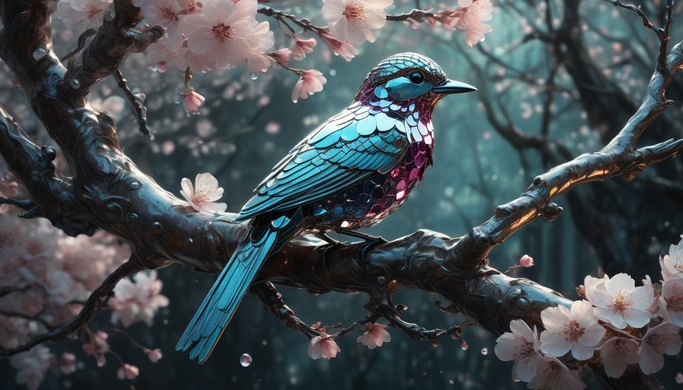 Diamond Crystal Bird on Cherry Blossom Branch