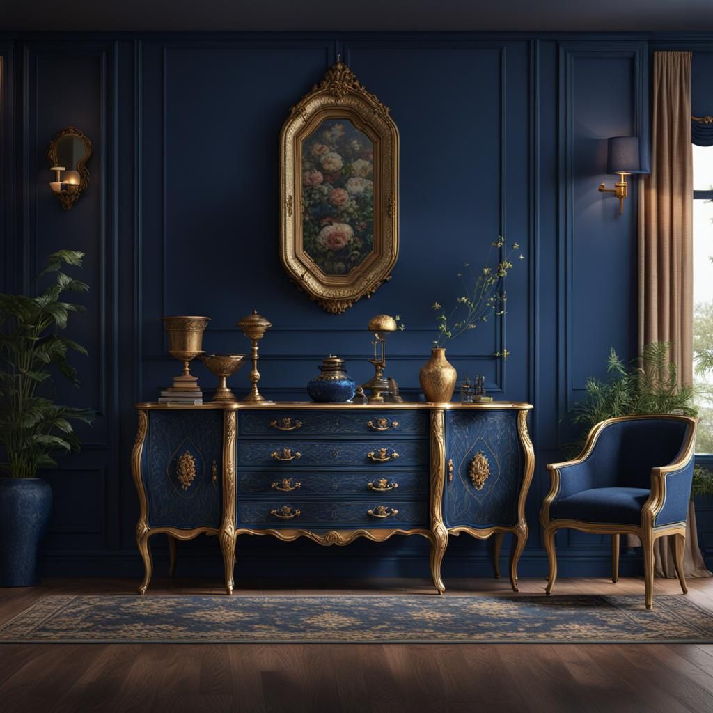Living Room Interior with Dark Blue Wall in Matte Painting S...